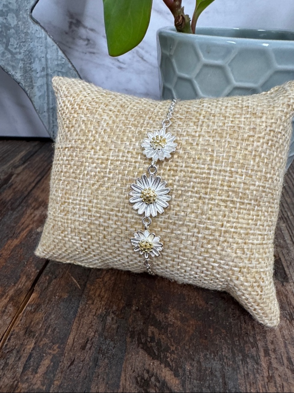 Sterling Silver Triple Link Daisy Bracelet with Textured Gold Center